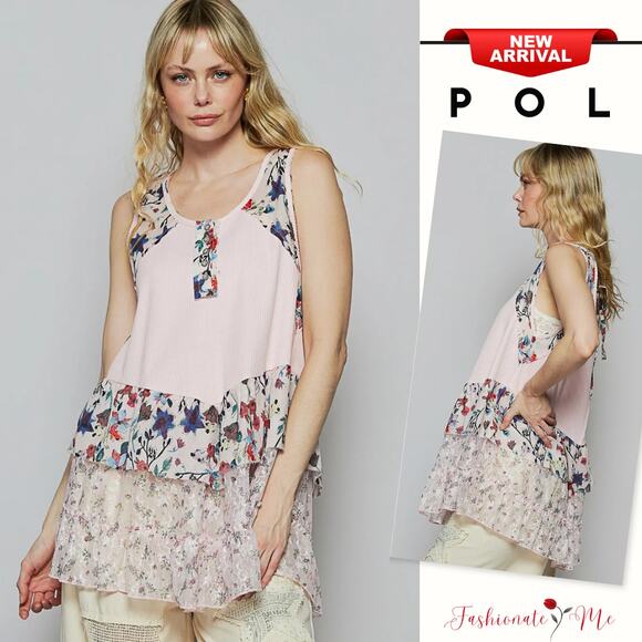 POL Floral Pattern Scoop Neck Ruffle Hem Lace Trim Relaxed Fit Tank Top | Blush - Picture 1 of 5